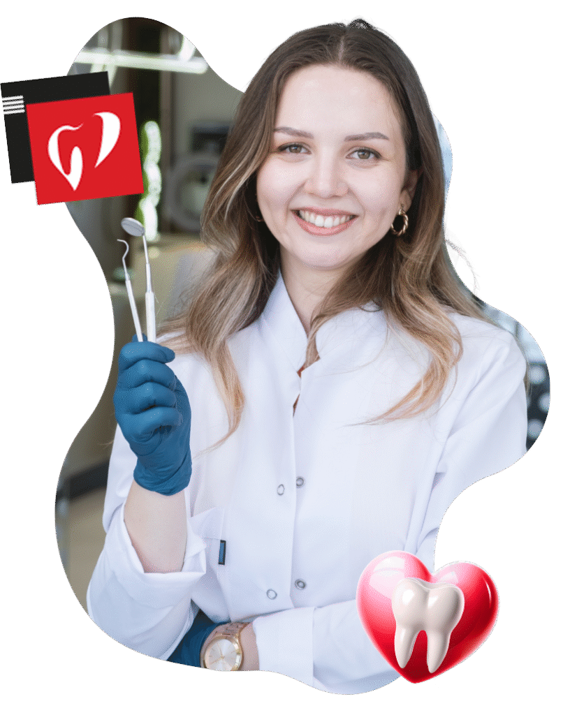 Foto de dentista sorrindo e com aparelhos de limpeza da área de dentista.